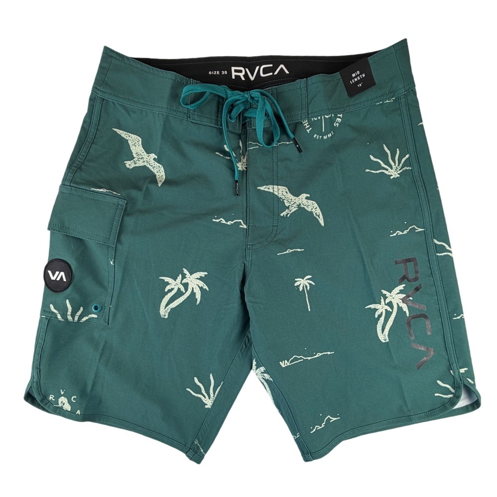 RVCA Mens Mid Length 19 Board Shorts Green Tropical Hula Print‎ Size 30
